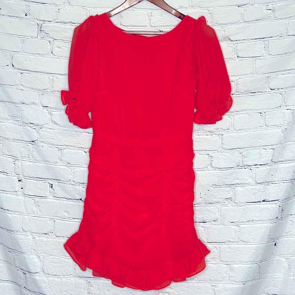 Hyfve Orange Ruched Puff Sleeved Open Back Mini Dress Medium